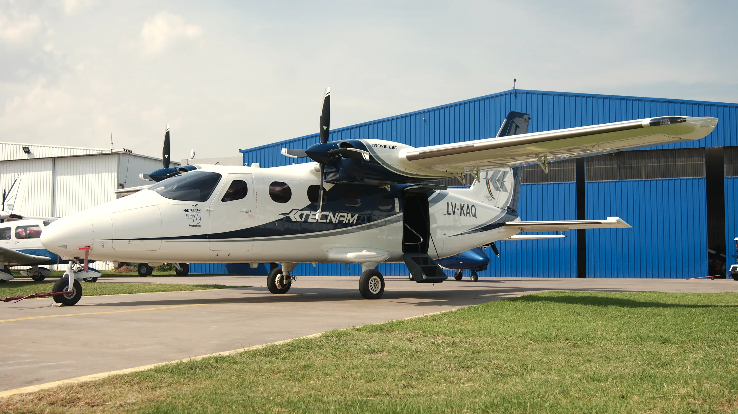 Twin-engine aircraft parked on the apron