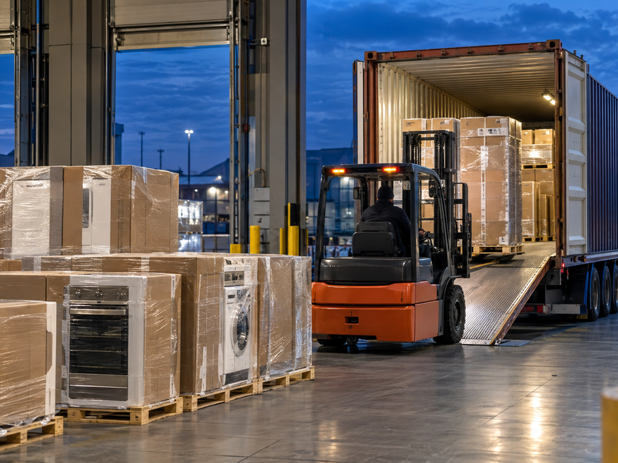 Boxed home appliances on pallets being loaded into a container
